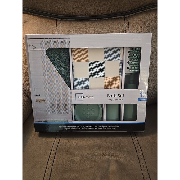 Mainstays 17-Piece Geometric Print Polyester/Plastic Shower Curtain &... - Picture 1 of 6